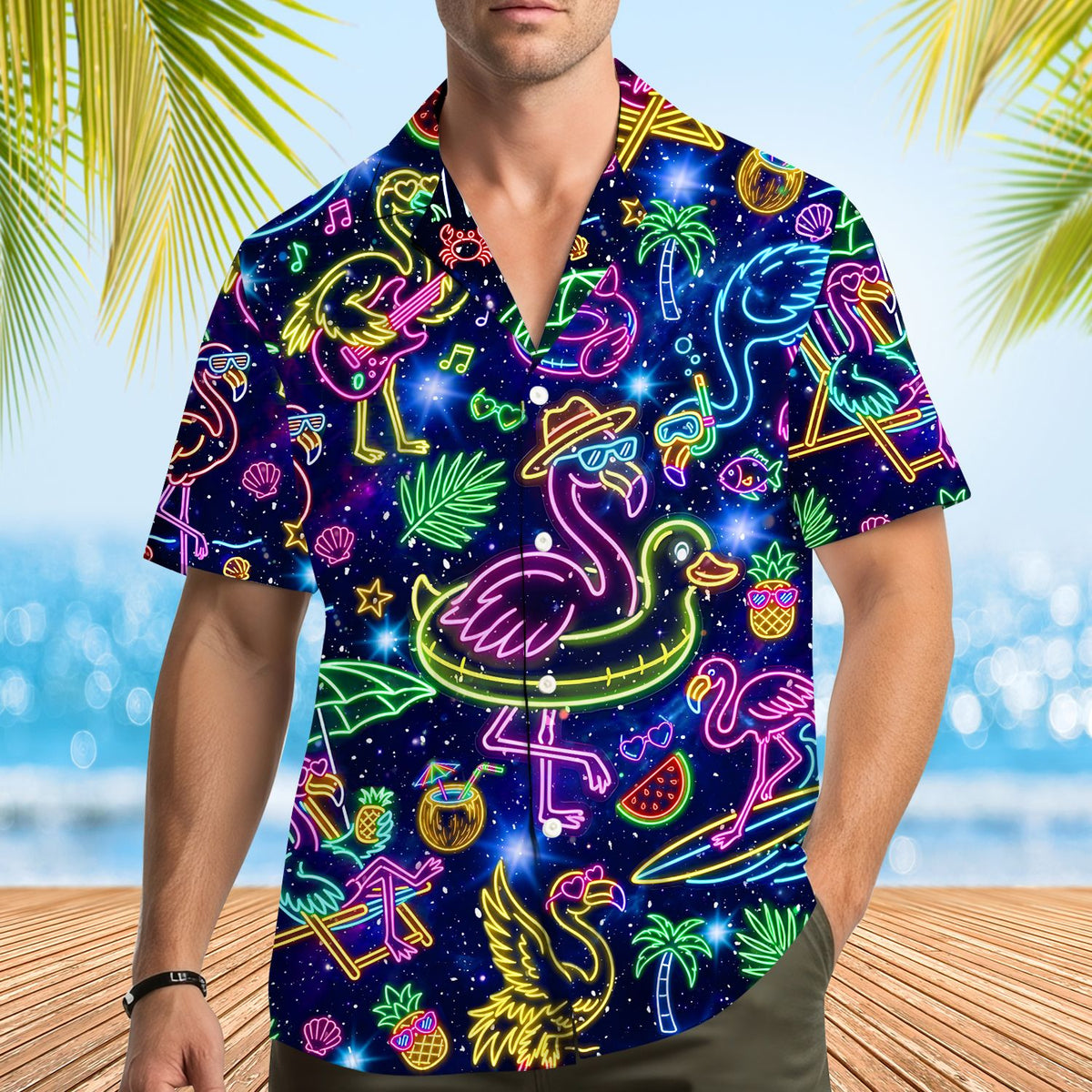 Fourth lifestyle image showing the navy neon hawaiian shirt in action
