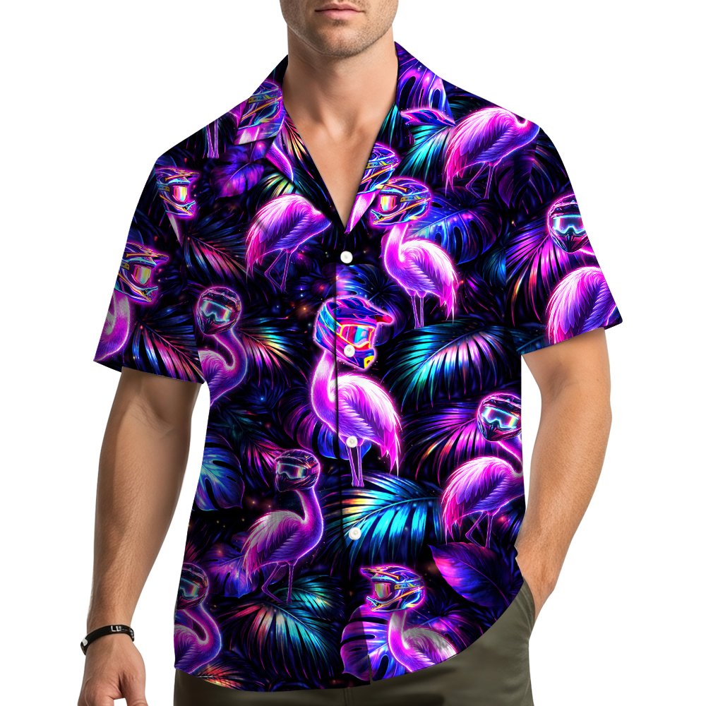 Lifestyle view of an adult wearing the neon flamingo hawaiian shirt