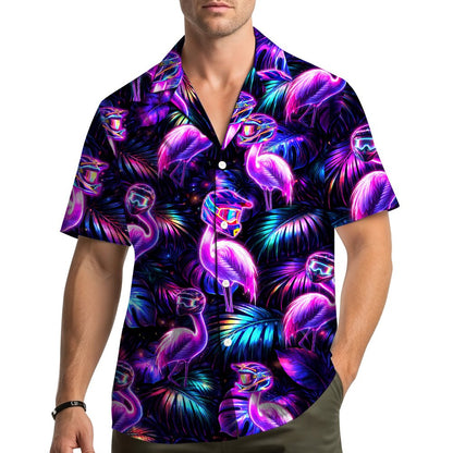 Lifestyle view of an adult wearing the neon flamingo hawaiian shirt