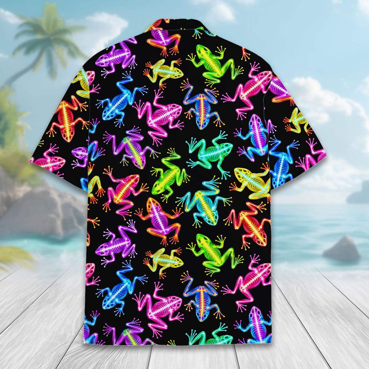 Back view of the neon frog skeleton hawaiian shirt on black polyester