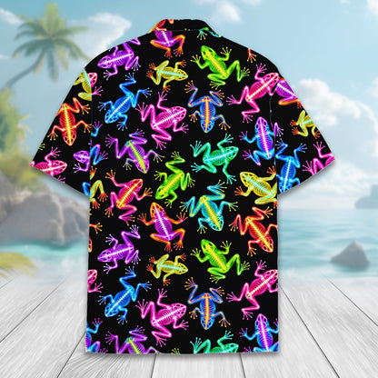Back view of the neon frog skeleton hawaiian shirt on black polyester