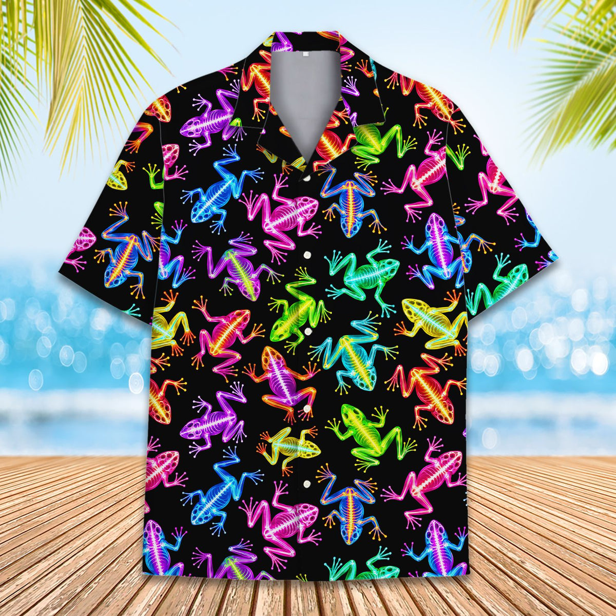 Another front view of the neon frog skeleton hawaiian shirt showing the vibrant colors