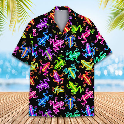 Another front view of the neon frog skeleton hawaiian shirt showing the vibrant colors