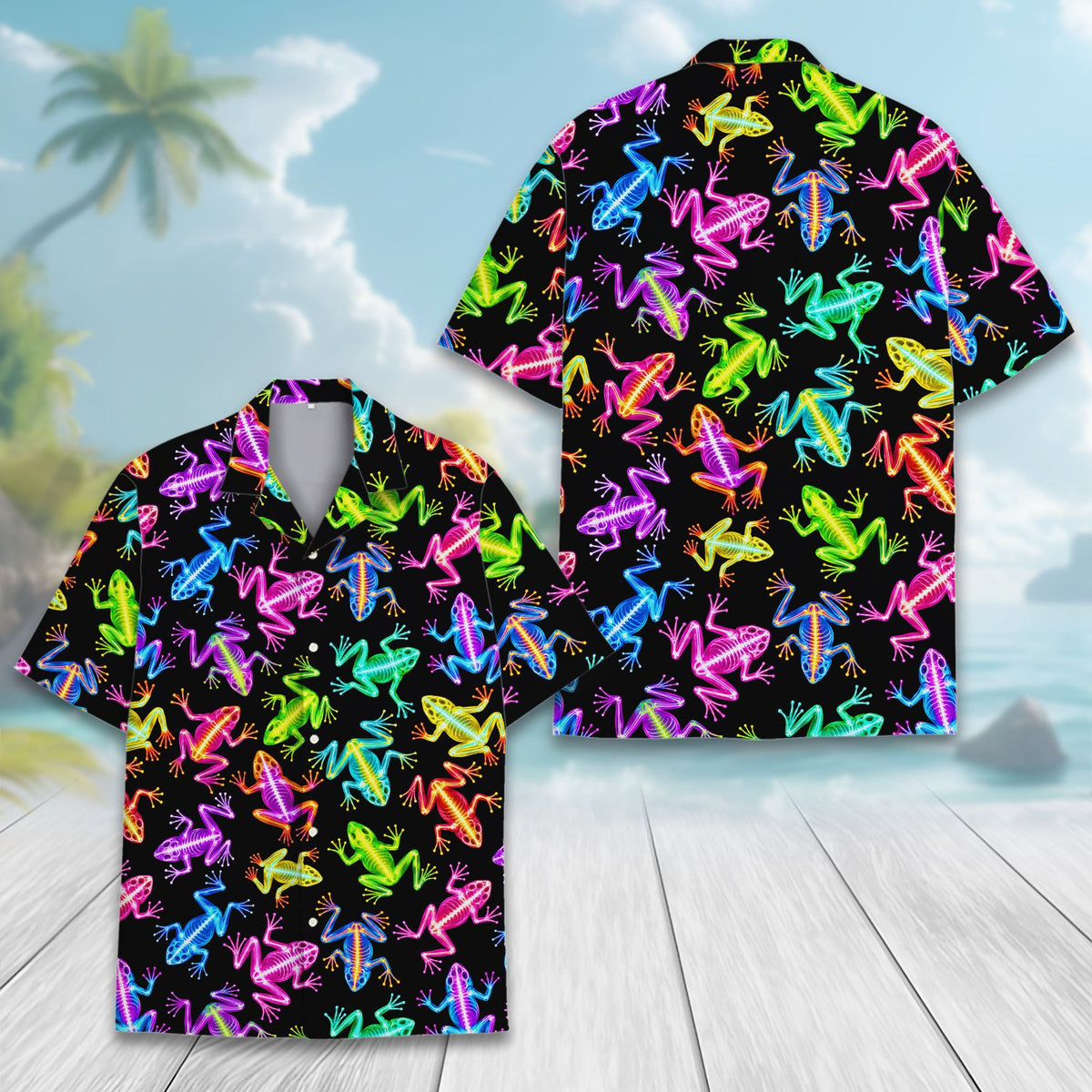 Front view of the frog hawaiian shirt with bright pink, green, and blue accents
