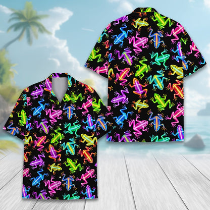 Front view of the frog hawaiian shirt with bright pink, green, and blue accents