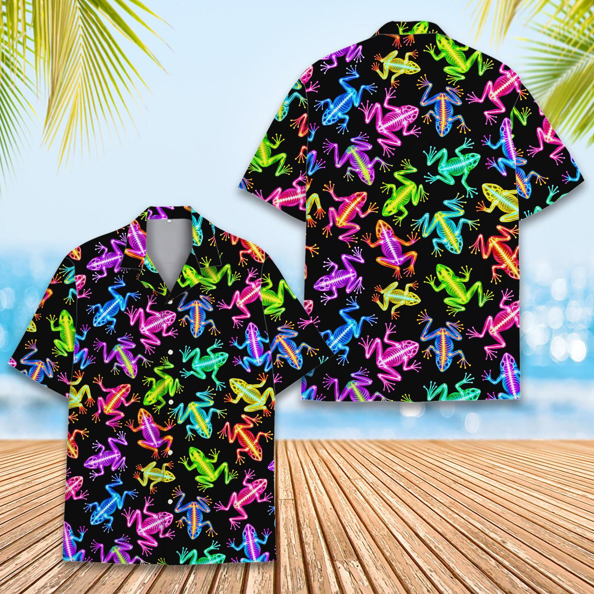 Detailed front view of the neon frog skeleton hawaiian shirt