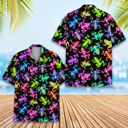 Detailed front view of the neon frog skeleton hawaiian shirt