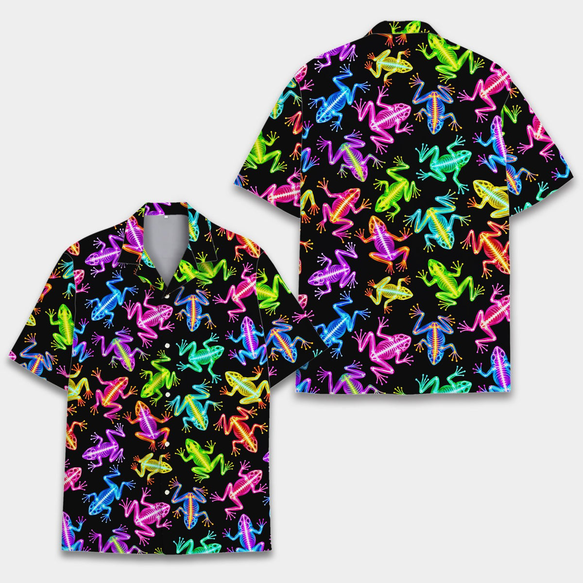 Front view of the neon frog skeleton hawaiian shirt