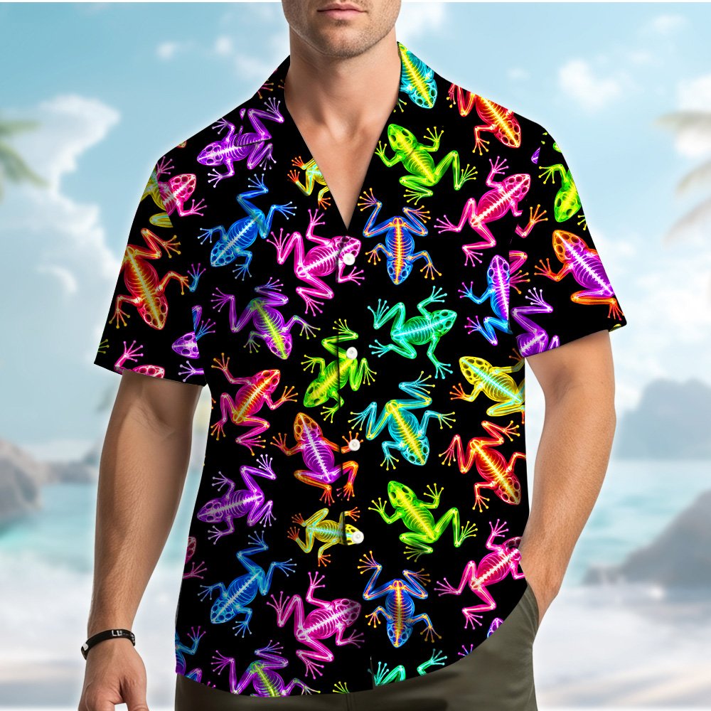 Lifestyle view of a person wearing the neon frog skeleton matching family hawaiian shirt
