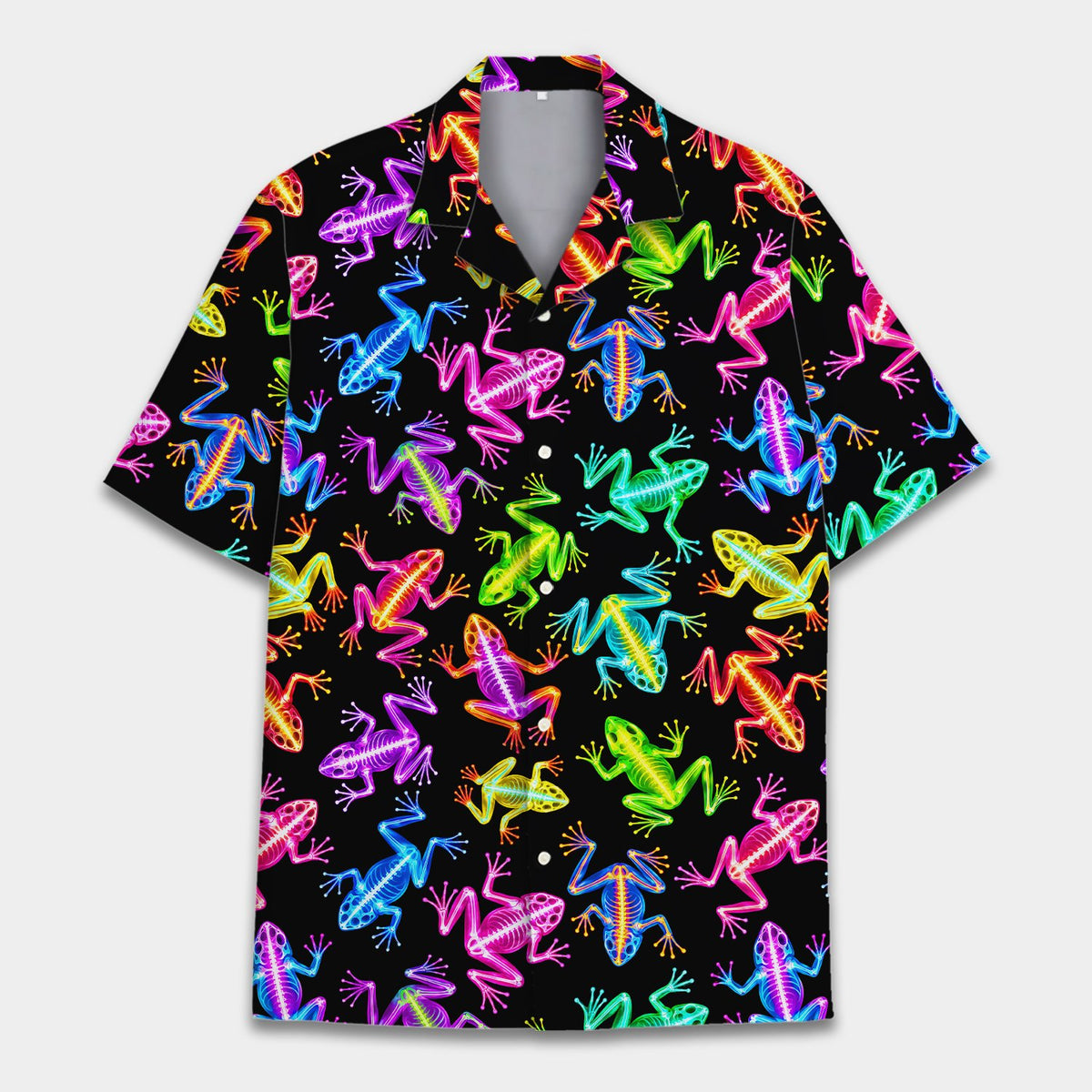 Main view of matching family hawaiian shirts featuring a neon frog skeleton design on a black background