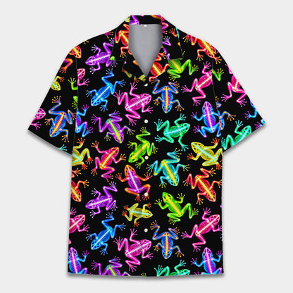 Main view of matching family hawaiian shirts featuring a neon frog skeleton design on a black background