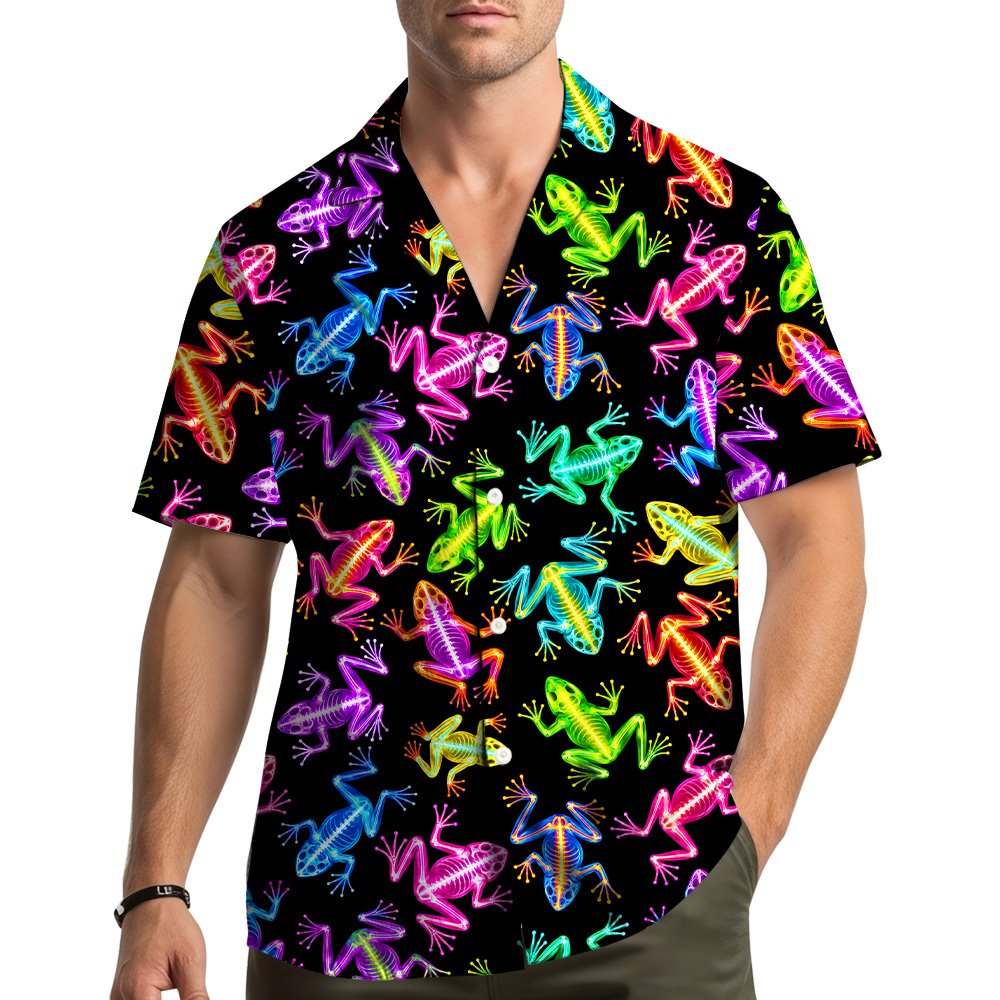 Lifestyle view showing the vibrant neon frog skeleton hawaiian shirt outdoors