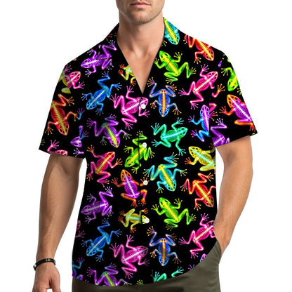Lifestyle view showing the vibrant neon frog skeleton hawaiian shirt outdoors