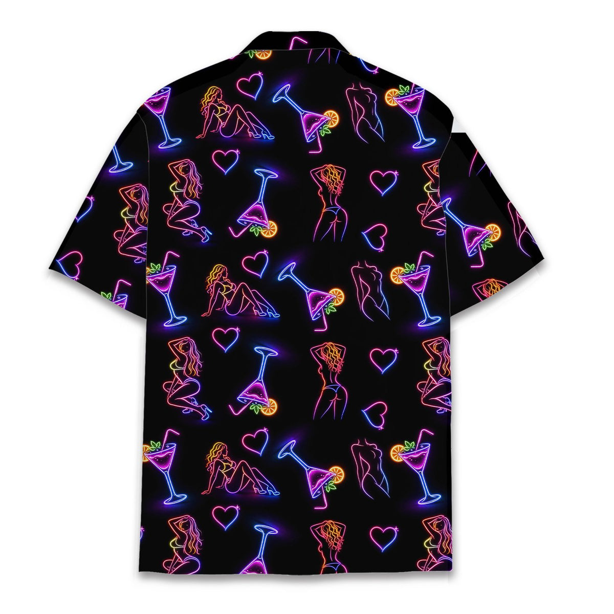 Second back view of the vibrant neon pattern hawaiian shirt