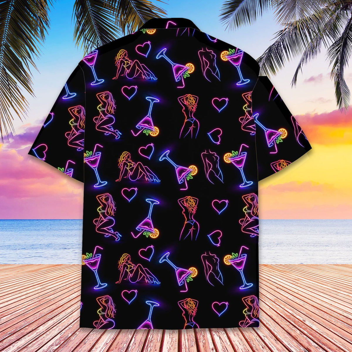 Back view of the black hawaiian shirt with glowing outlines of bikini silhouettes