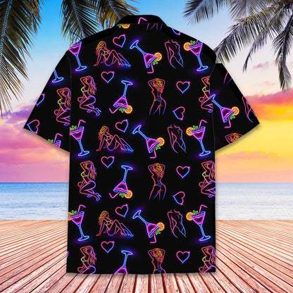 Back view of the black hawaiian shirt with glowing outlines of bikini silhouettes