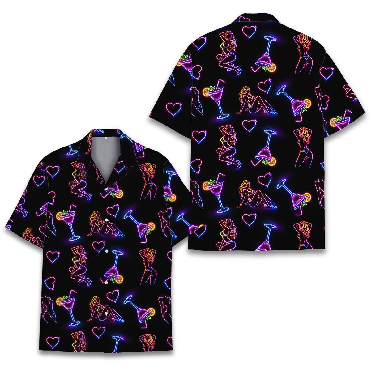 Adult neon girls and cocktails hawaiian shirt front detail