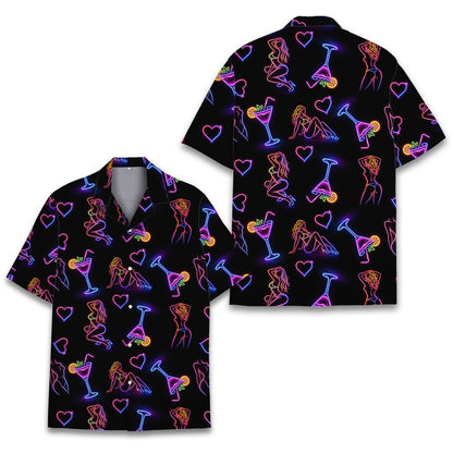 Adult neon girls and cocktails hawaiian shirt front detail