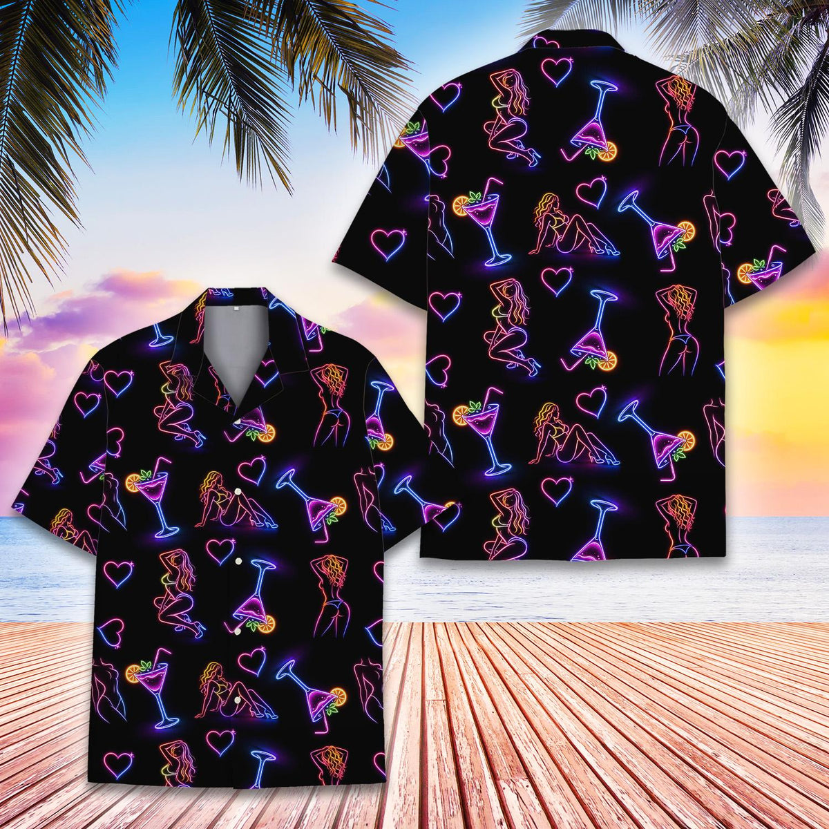 Close-up of the neon girls and cocktails hawaiian shirt front
