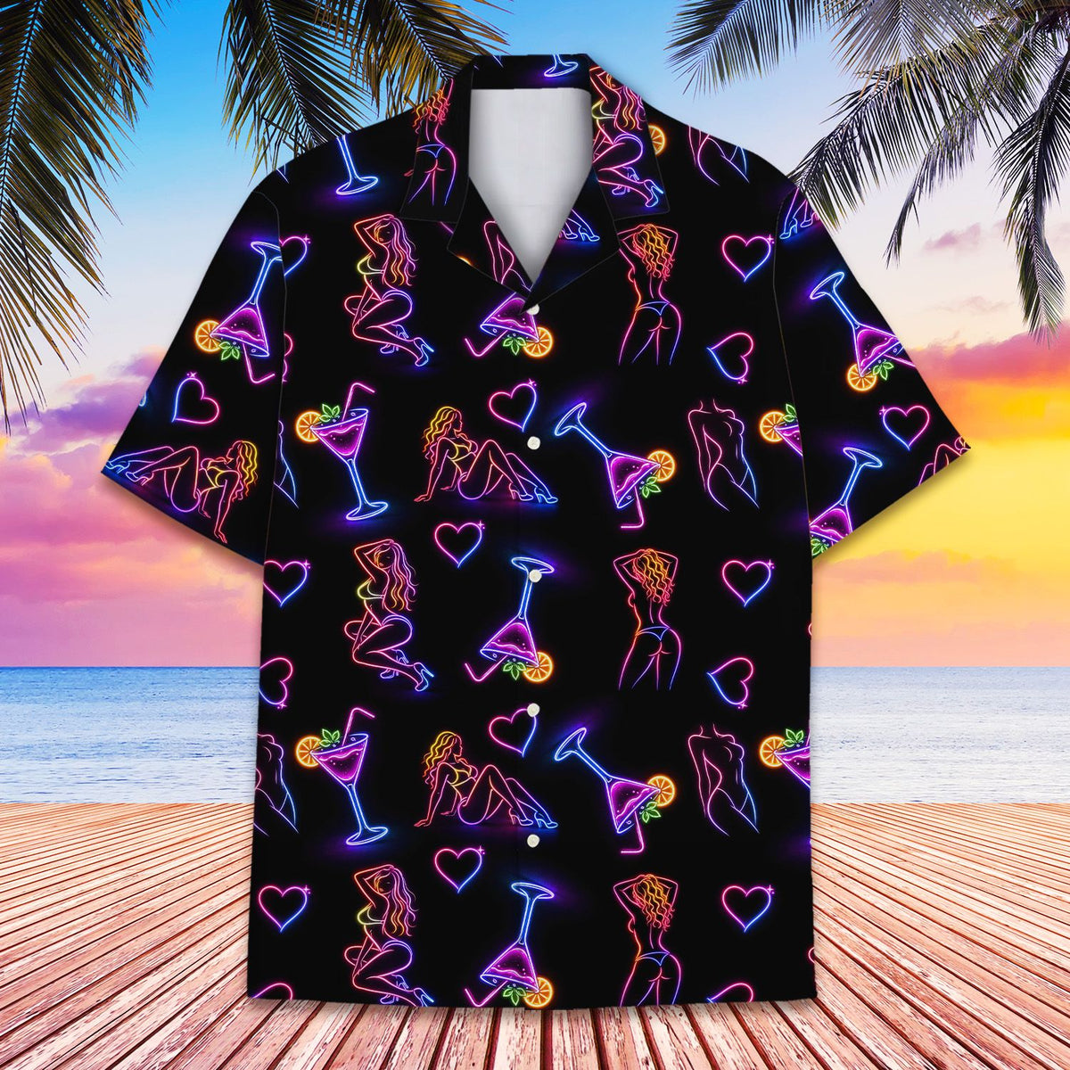 Neon girls and cocktails hawaiian shirt with vibrant pink and blue pattern, main view