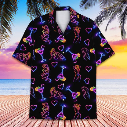 Neon girls and cocktails hawaiian shirt with vibrant pink and blue pattern, main view