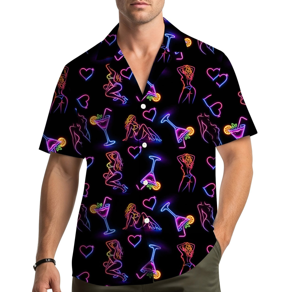 Lifestyle view of the neon girls and cocktails hawaiian shirt worn outdoors