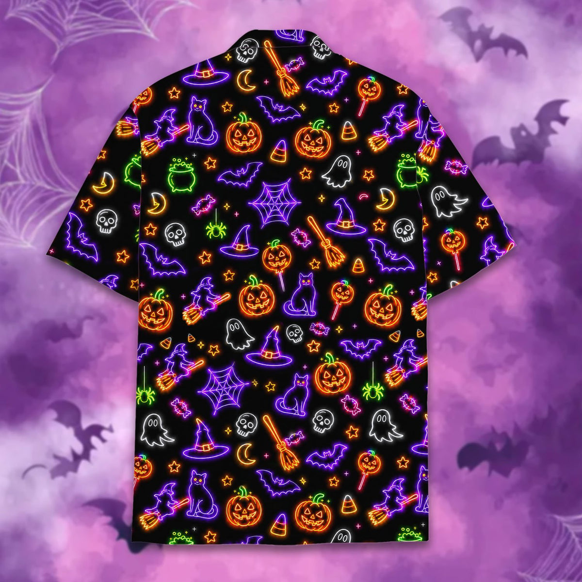 Back view of the black matching family hawaiian shirt with neon halloween design