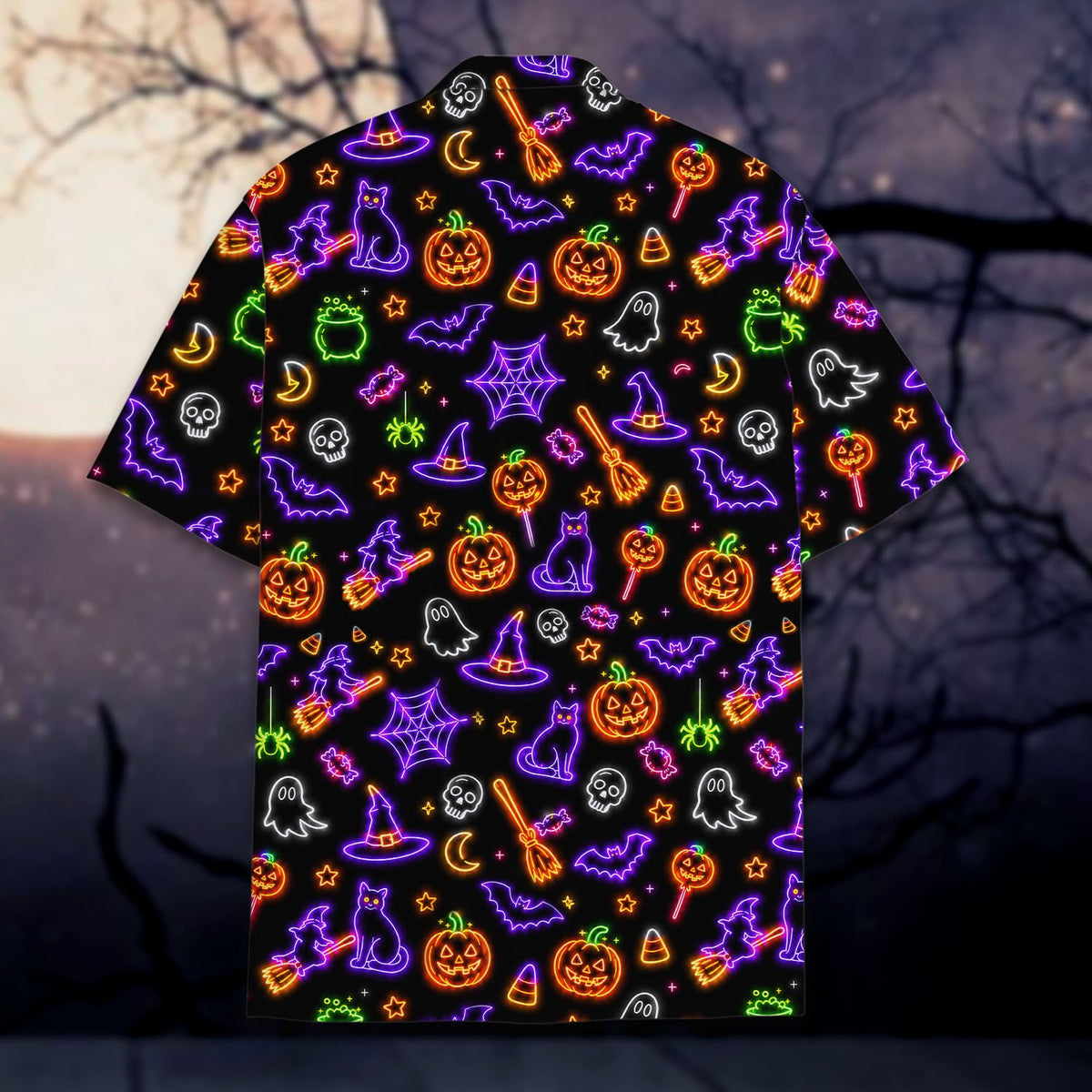 Another front view showing the vibrant neon design on the black hawaiian shirt