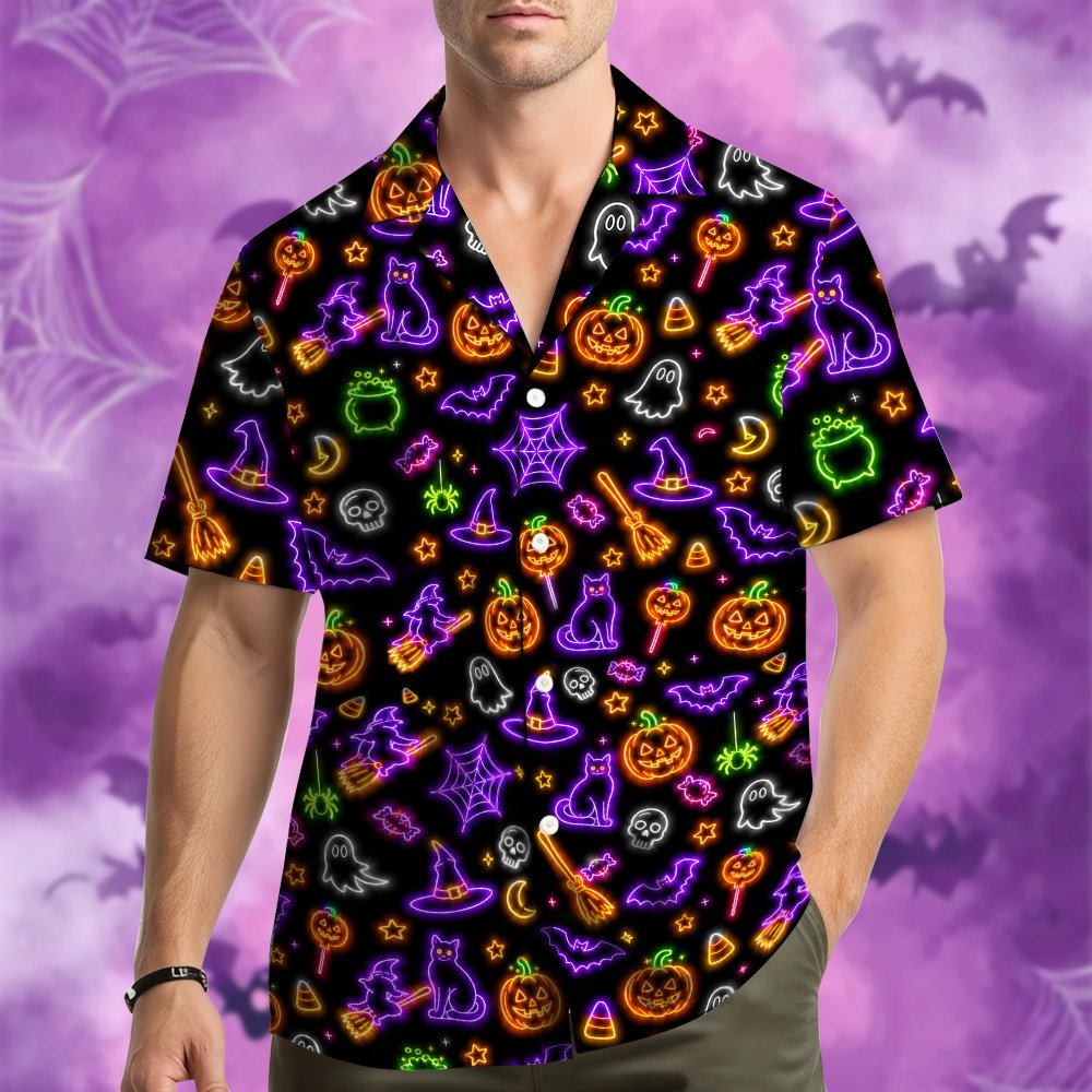 Front view detailing the button-down collar of the halloween hawaiian shirt