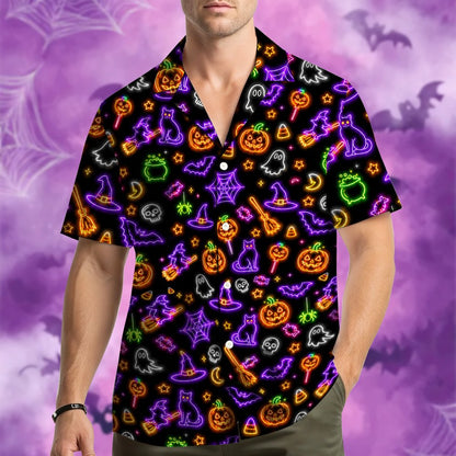 Front view detailing the button-down collar of the halloween hawaiian shirt