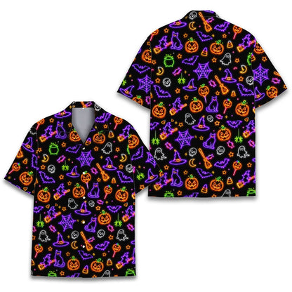 Front angled view of the neon halloween matching family hawaiian shirt
