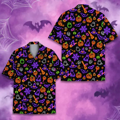 Close-up front view of the glowing witches and ghosts on the hawaiian shirt