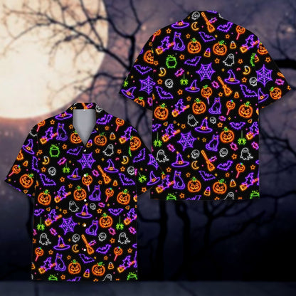 Detailed front view of the neon orange and green accents on the hawaiian shirt