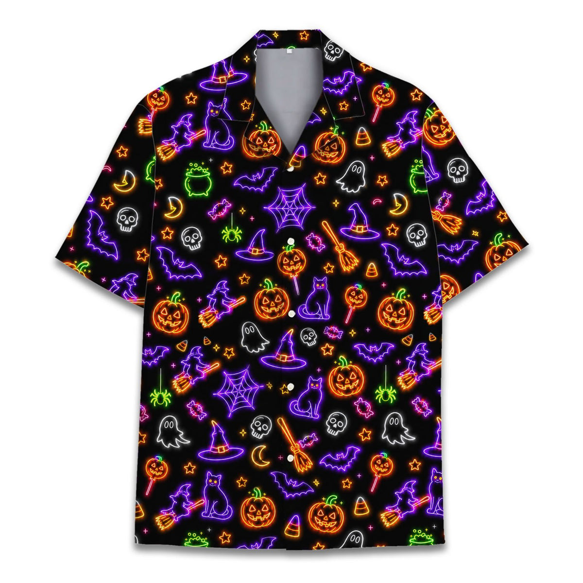 Additional front view of the neon halloween patterned hawaiian shirt