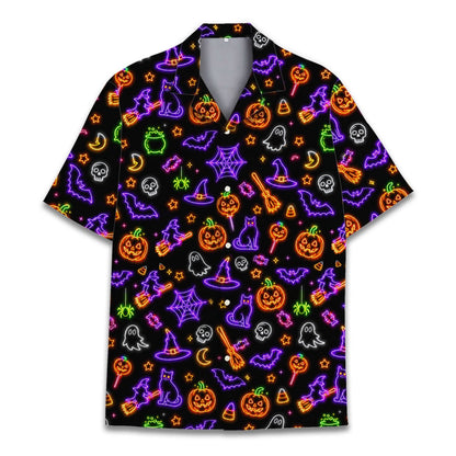 Additional front view of the neon halloween patterned hawaiian shirt