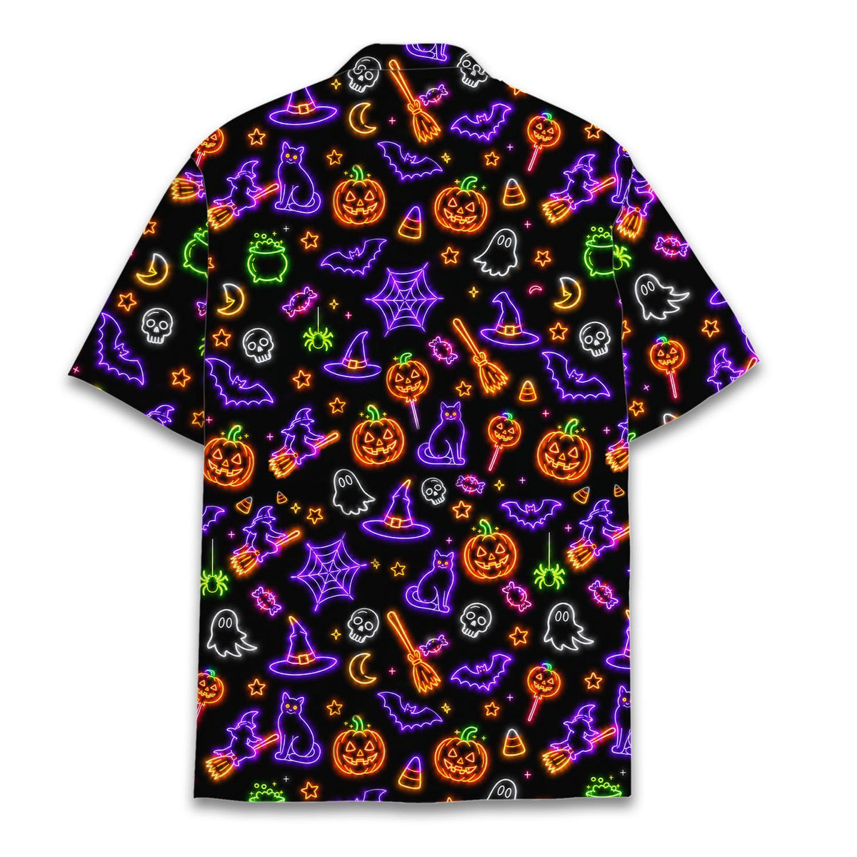 Front view of the neon halloween hawaiian shirt featuring pumpkins and bats