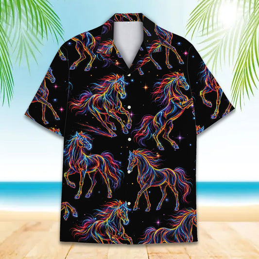 Neon horses hawaiian shirt front view on black background