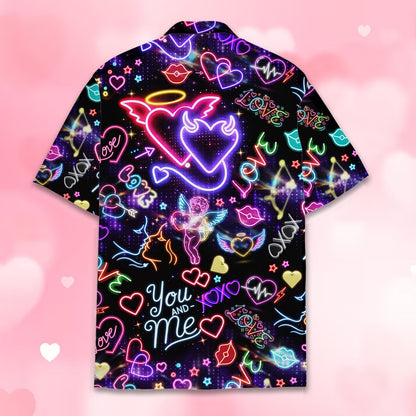 Back view of the vibrant neon love hawaiian shirt