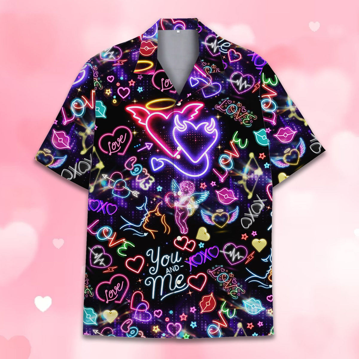 Neon love hawaiian shirt with glowing hearts on dark background, main view