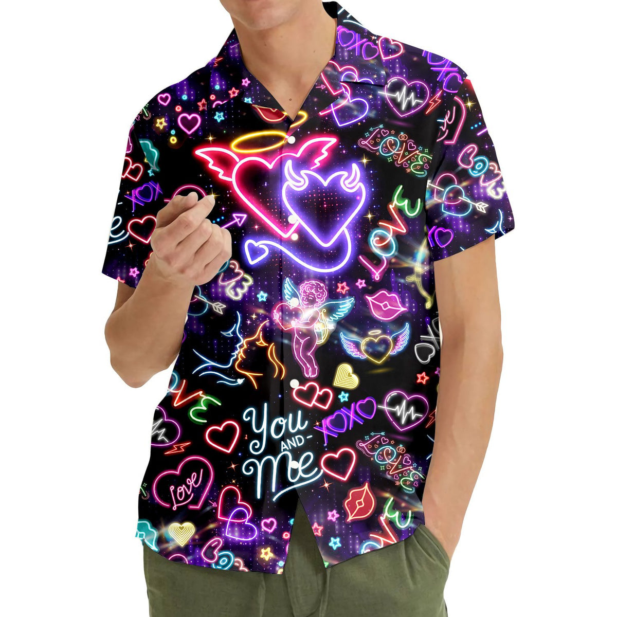 Third lifestyle view of the glowing hearts family hawaiian shirt