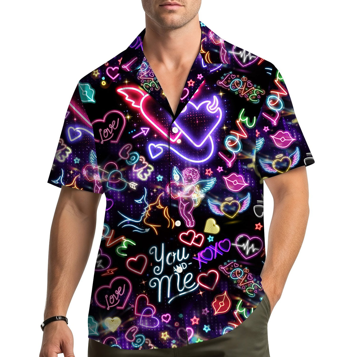 Lifestyle view of people wearing the neon love family hawaiian shirt