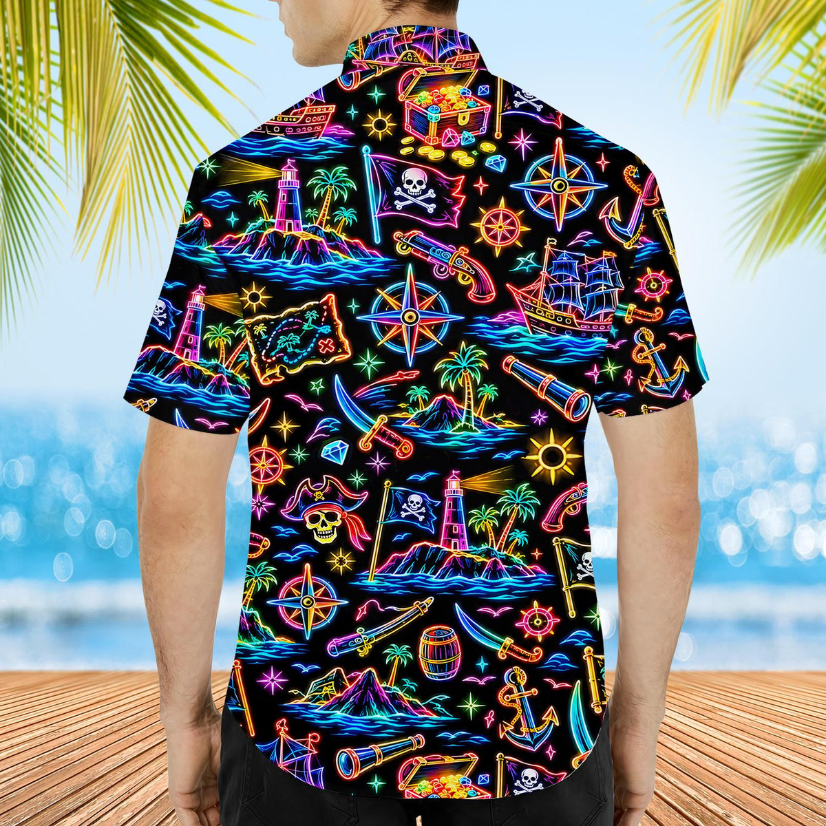 Close-up back view of the neon pirate motifs and black background