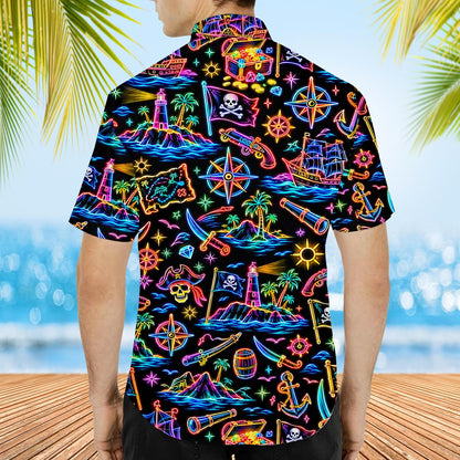 Close-up back view of the neon pirate motifs and black background