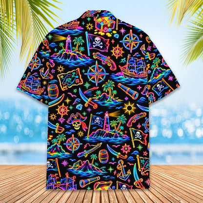 Full back view of the neon pirate hawaiian shirt for matching family outfits