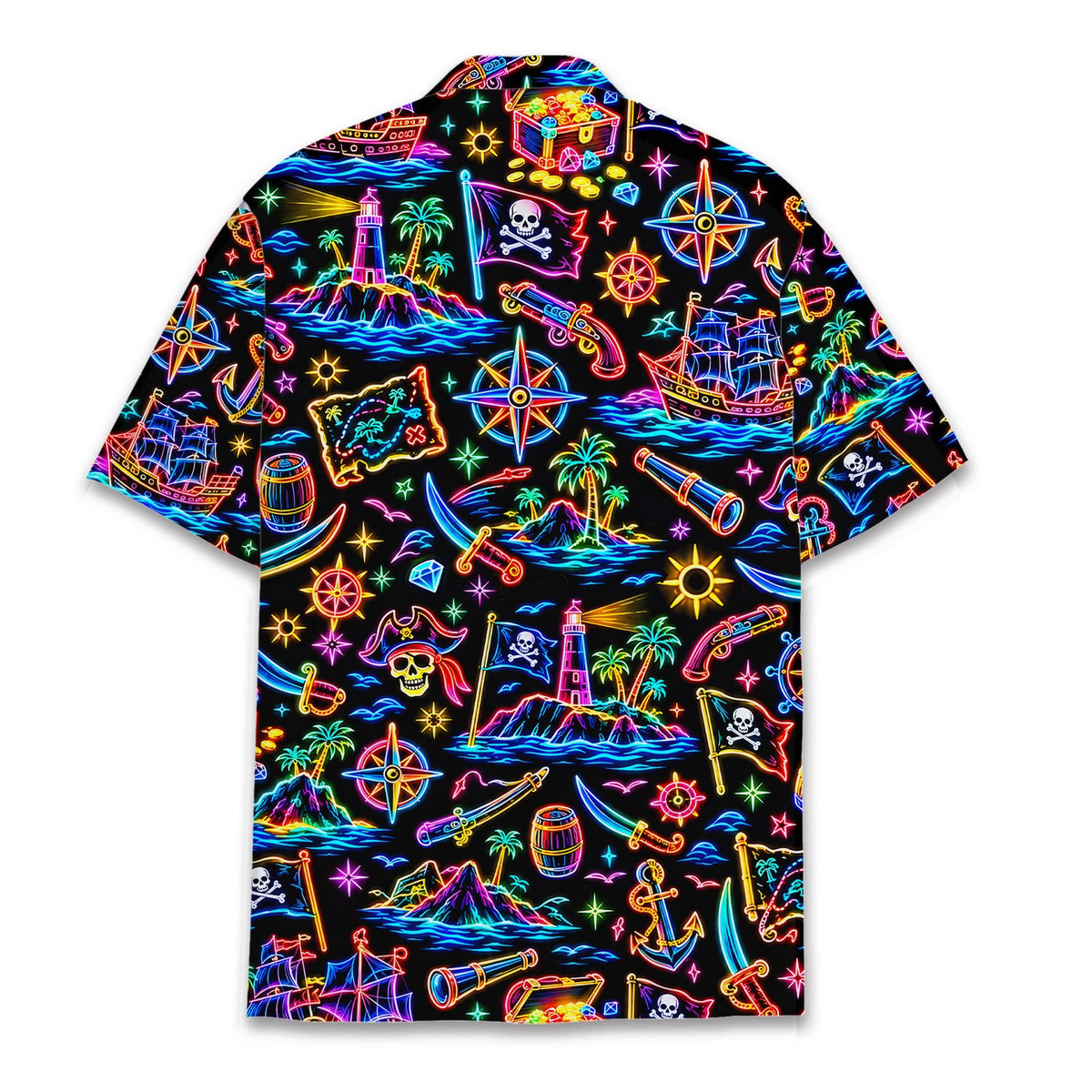Back view of the neon pirate hawaiian shirt showing the all-over print