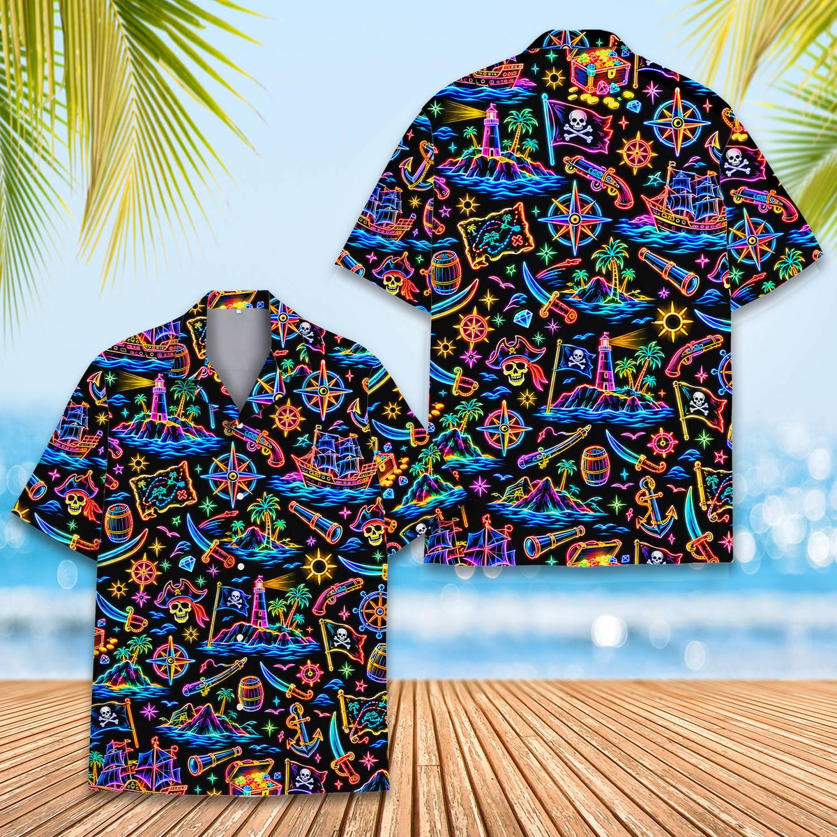 Detailed front view showing the neon skull and treasure chest motifs