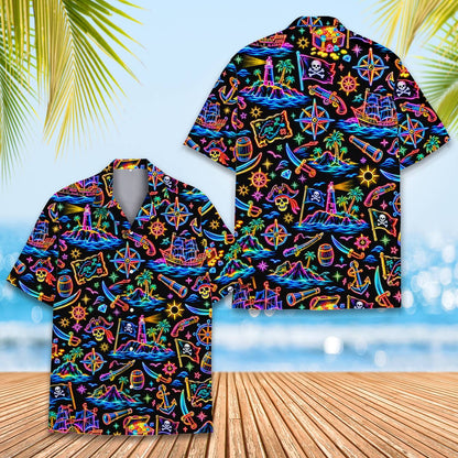 Detailed front view showing the neon skull and treasure chest motifs