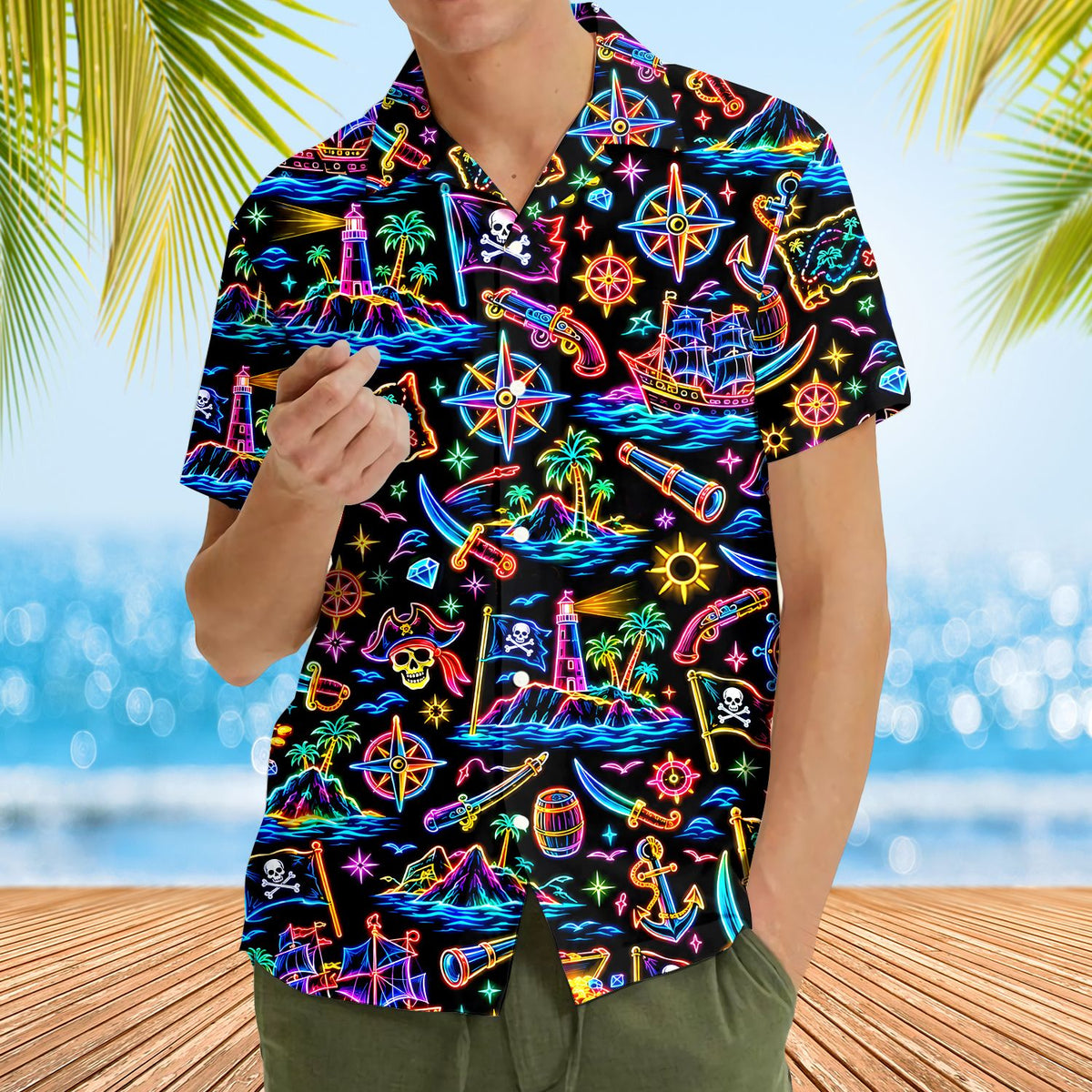 Close-up of the front collar and button detail on the neon pirate shirt