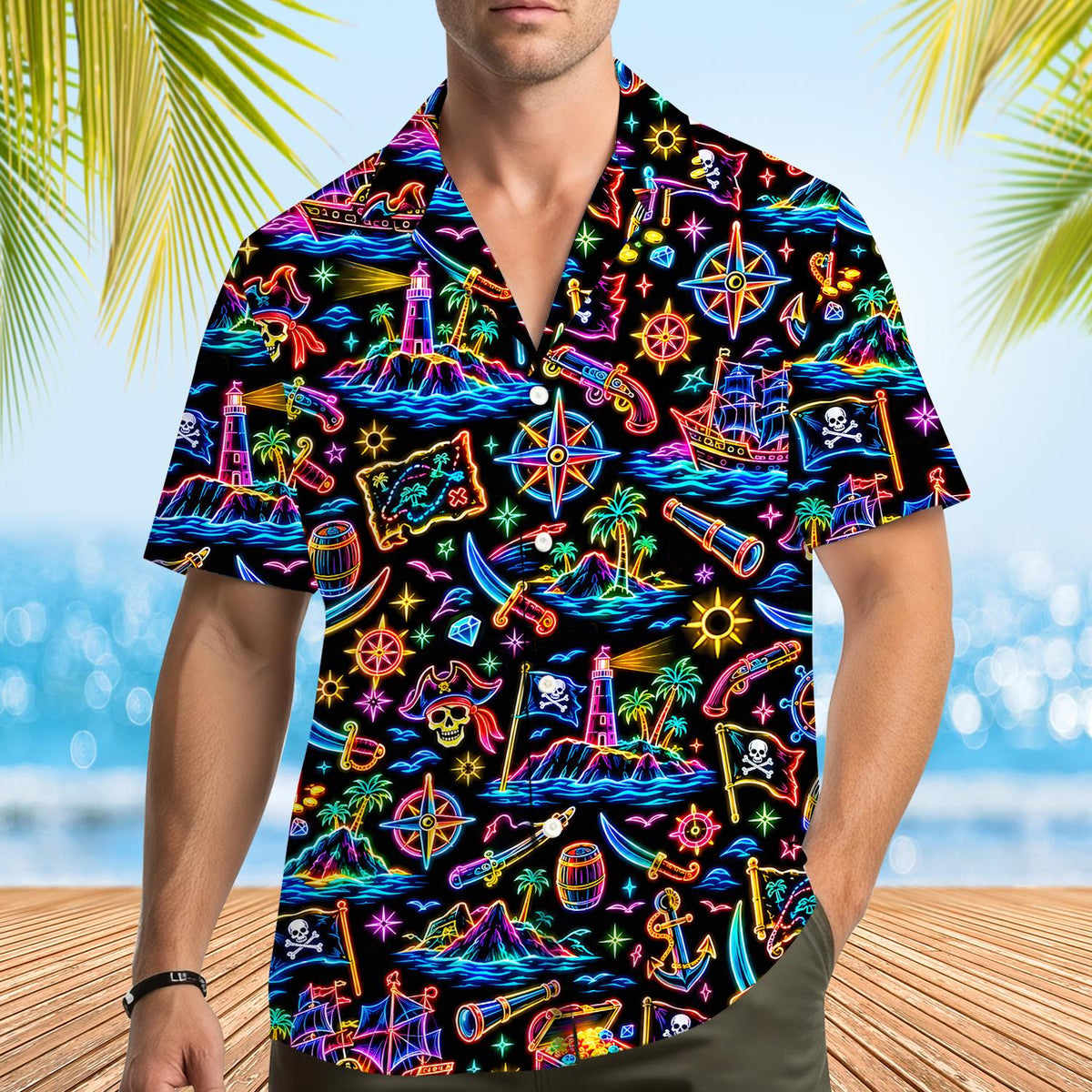 Full front view of the matching family neon pirate hawaiian shirt
