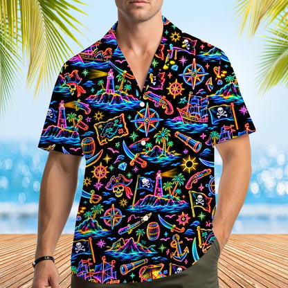 Full front view of the matching family neon pirate hawaiian shirt